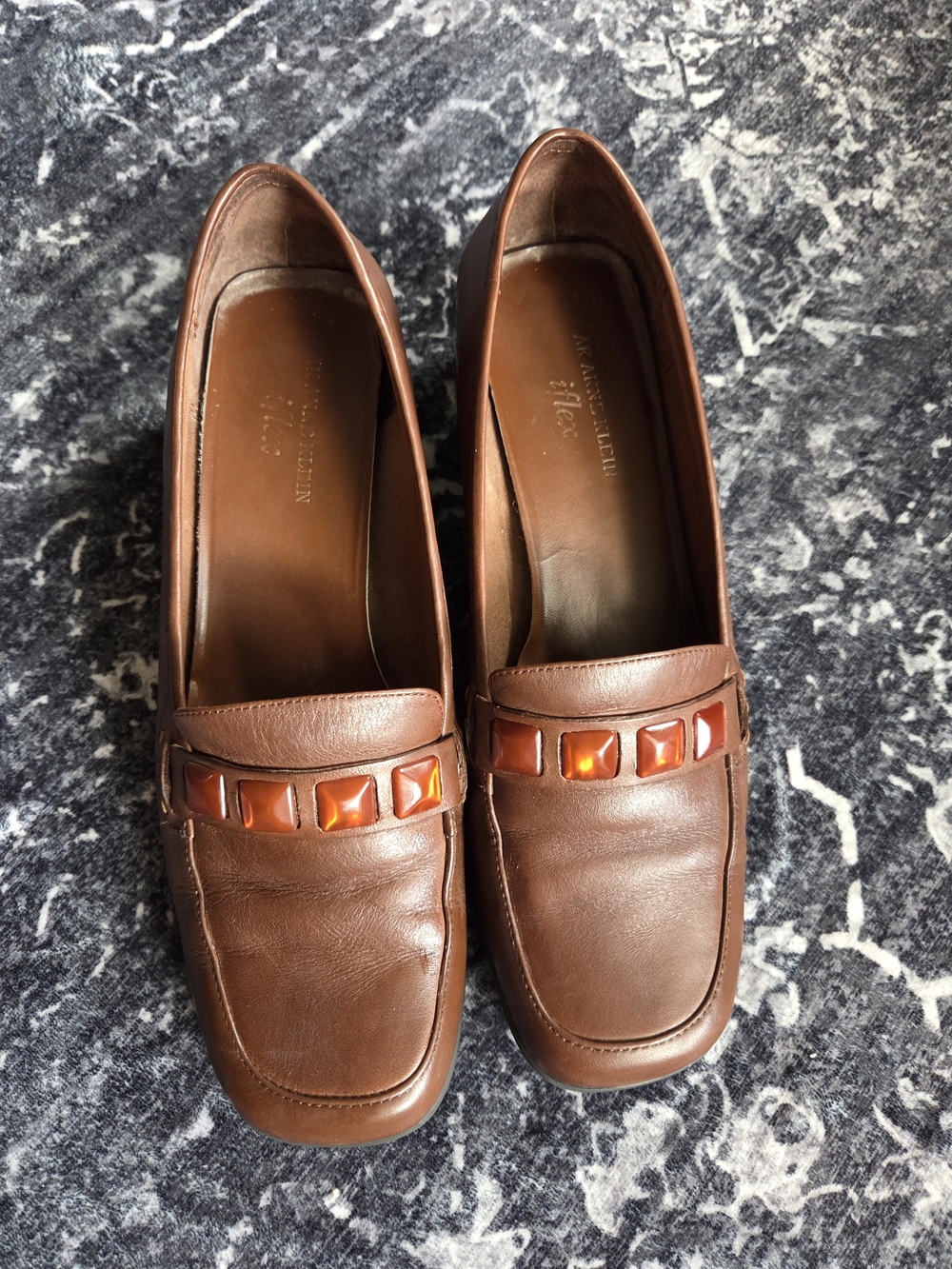 Anne Klein Brown Leather Loafers with Amber Accents